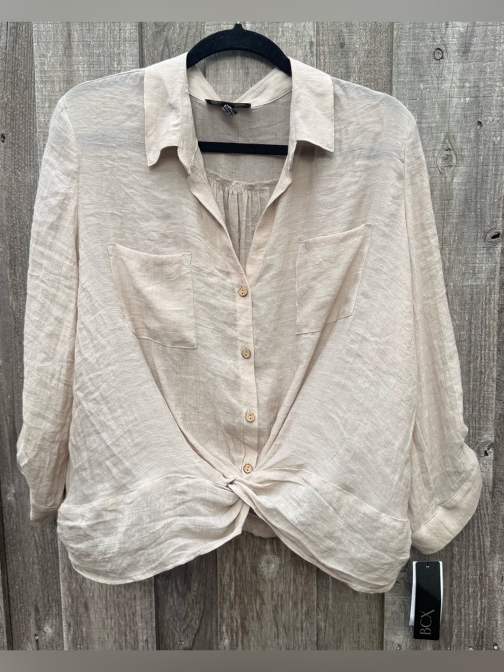 BCX Twist Front Button Blouse Beige Taupe Lightweight XL NWT